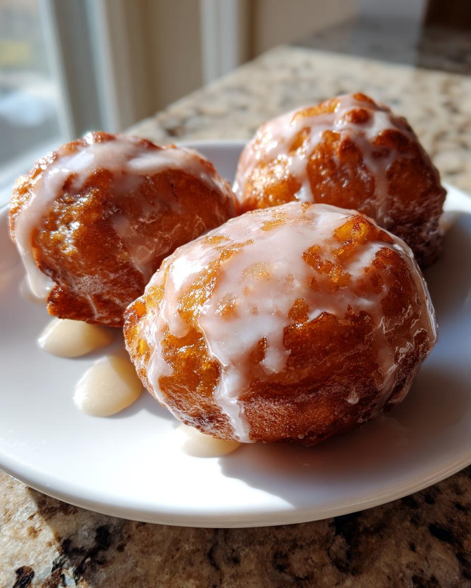 Three golden brown baked apple fritters drizzled generously with a sweet white glaze, served on a white plate.