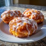 Three golden brown baked apple fritters drizzled generously with white glaze, sitting on a white plate.