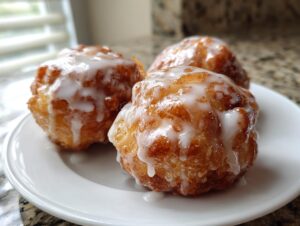 Three golden brown baked apple fritters generously drizzled with a sweet white glaze, resting on a white plate.