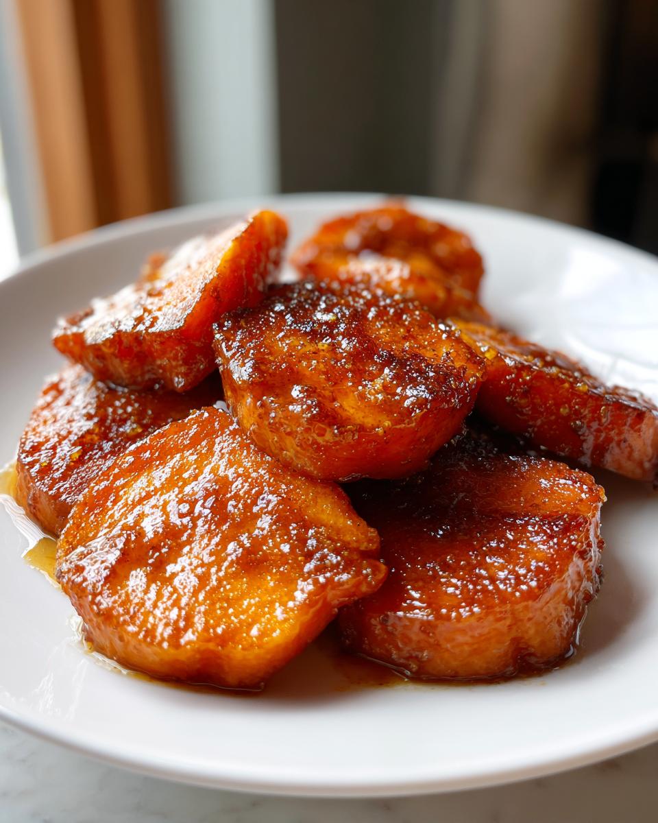 Close-up of thick-cut, glistening candied sweet potatoes coated in a rich, dark glaze served on a white plate.