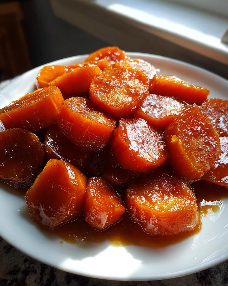 A close-up of glossy, orange candied sweet potatoes covered in a rich syrup on a white plate.