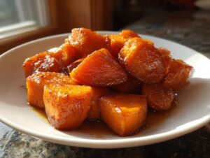 A white bowl filled with glistening, caramelized candied sweet potatoes, highlighted by natural window light.
