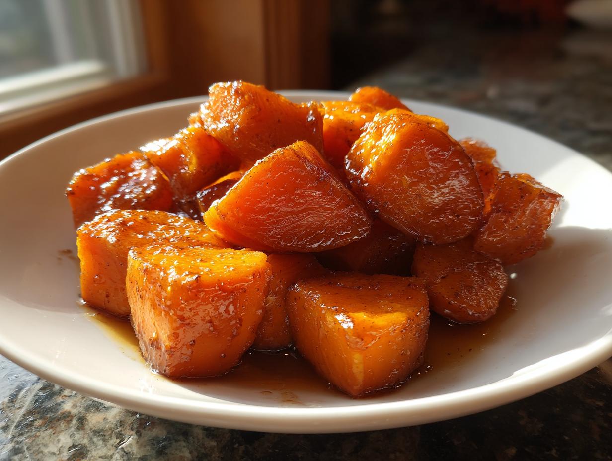 A white bowl filled with glistening, caramelized candied sweet potatoes, highlighted by natural window light.