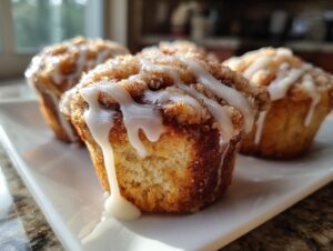Close-up of several delicious cinnamon roll muffins topped with streusel and drizzled with white icing.