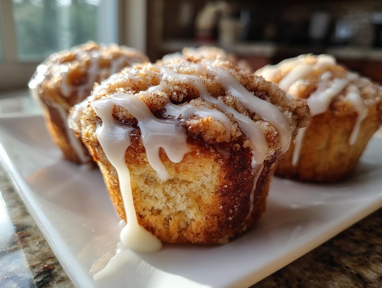 Close-up of several delicious cinnamon roll muffins topped with streusel and drizzled with white icing.