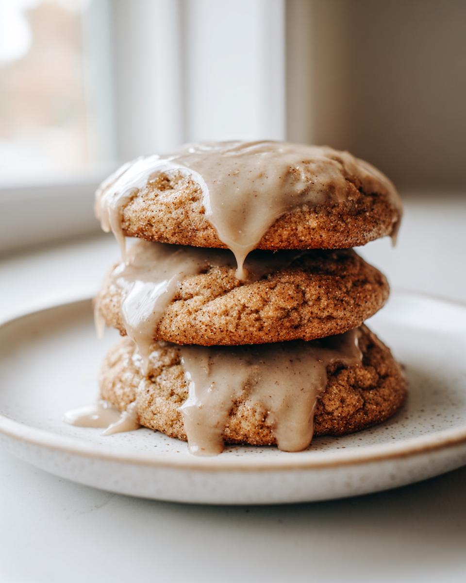 A stack of three soft, chewy maple cookies generously topped with a thick, dripping maple glaze.