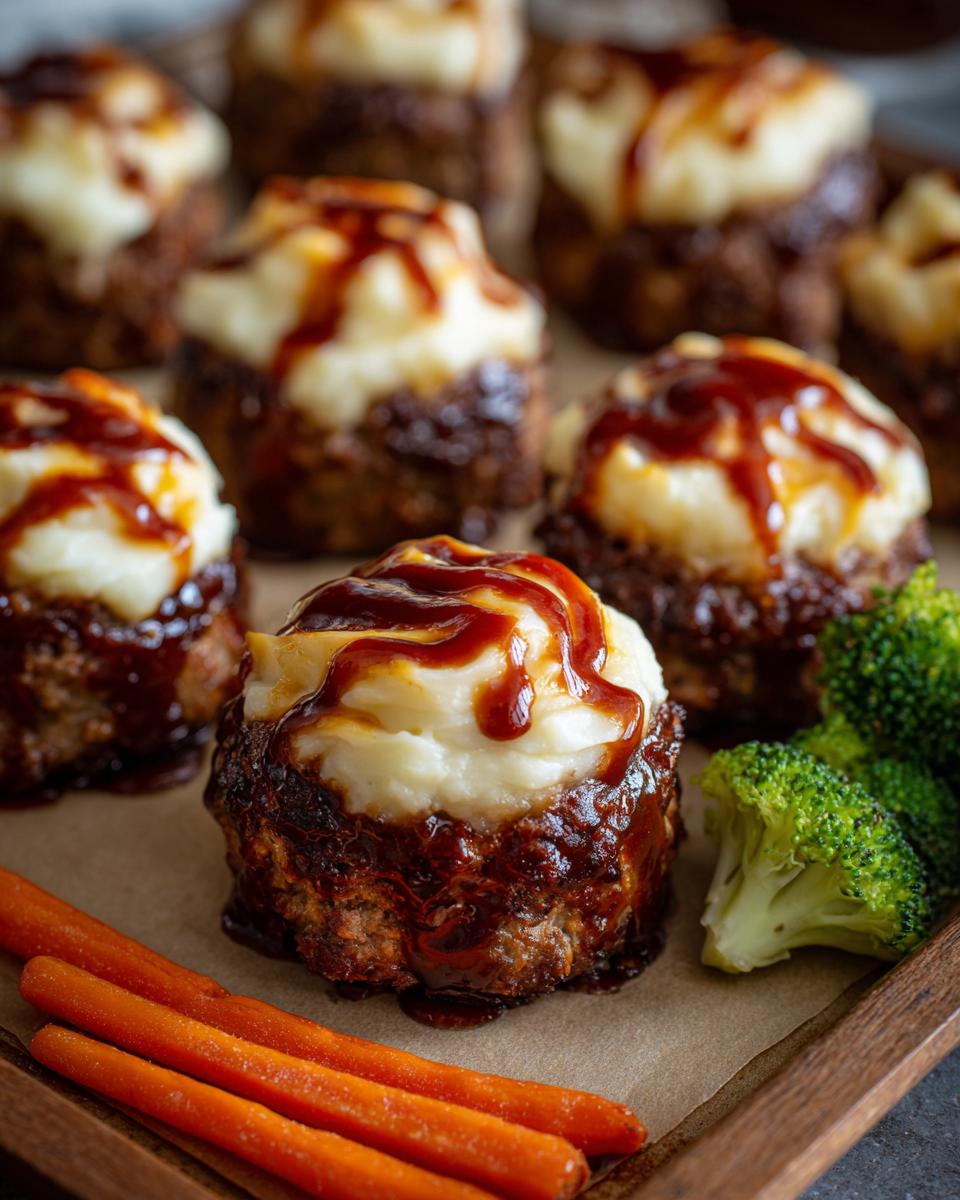 A close-up of a delicious mini meatloaf topped with mashed potatoes and drizzled with glaze, served with carrots and broccoli.