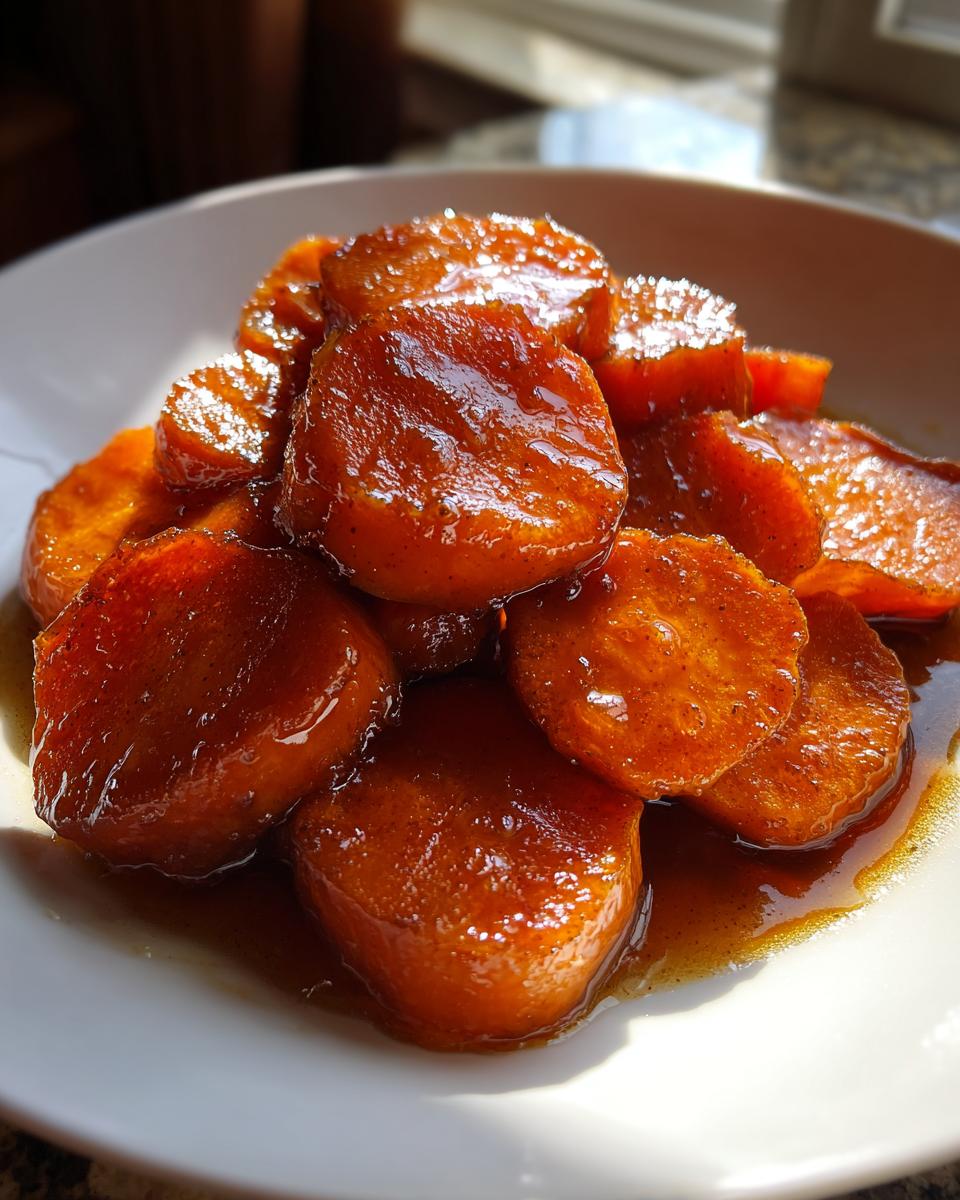 Close-up of glossy, round slices of candied sweet potatoes coated in a rich, brown syrup.