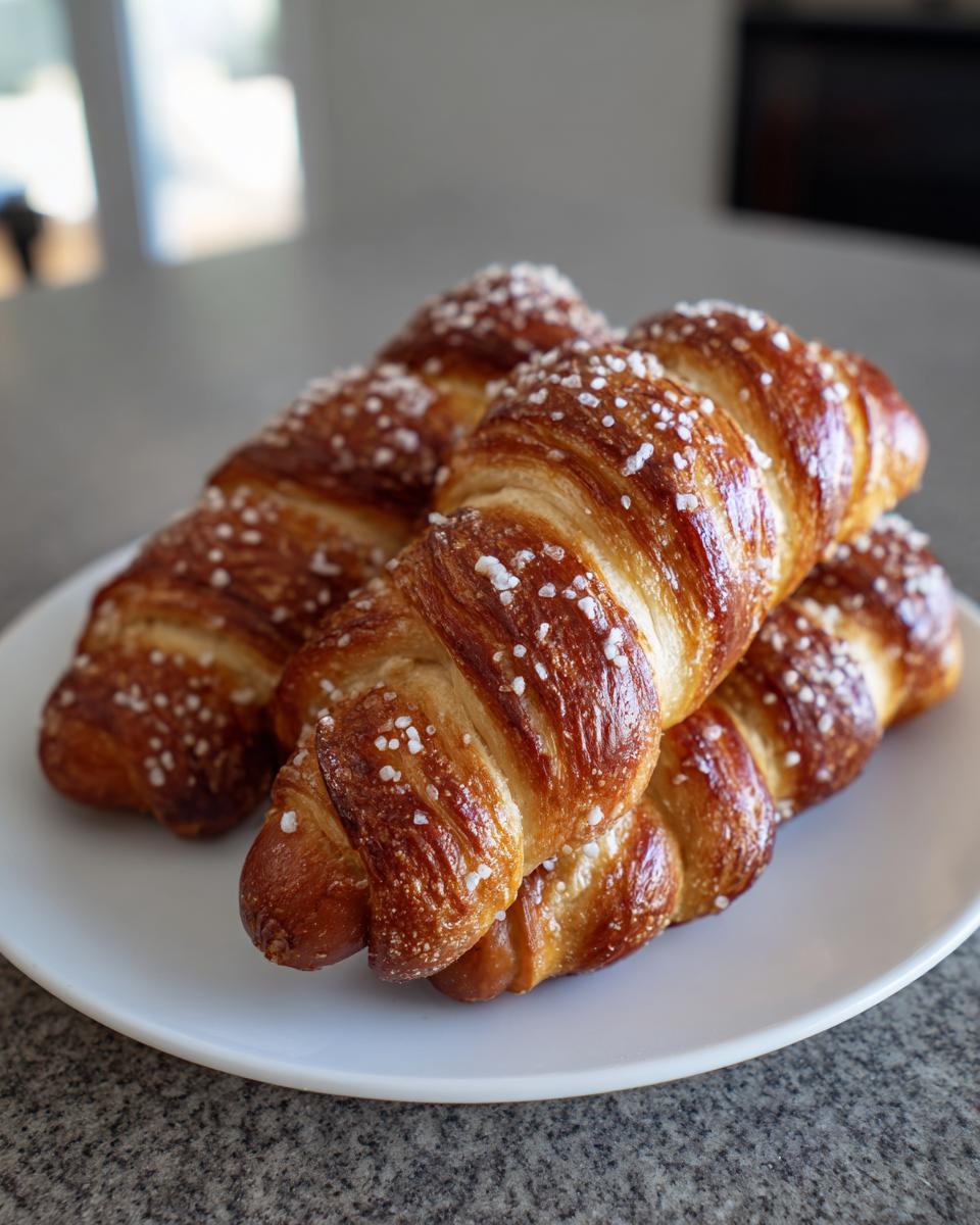 Close-up of several golden brown, shiny baked goods topped with pearl sugar, resembling croissants or sweet rolls.