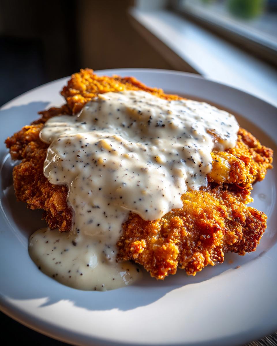 Close-up of a crispy, golden chicken fried steak smothered in rich, black pepper country gravy.