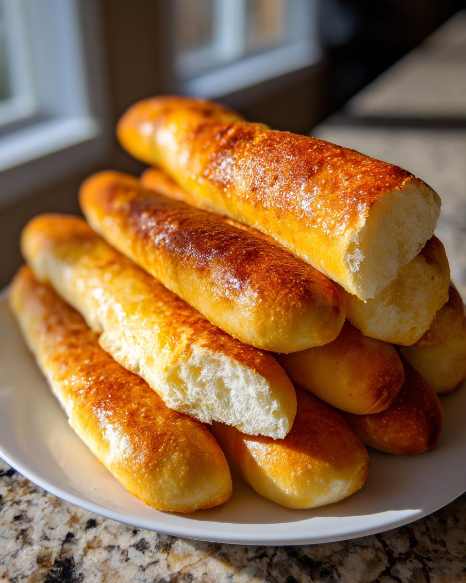 A stack of freshly baked, golden brown breadsticks with a soft interior shown on a white plate.