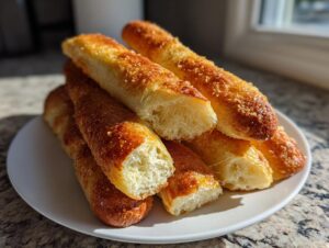 A stack of golden brown, fluffy homemade breadsticks topped with Parmesan cheese, ready to eat.