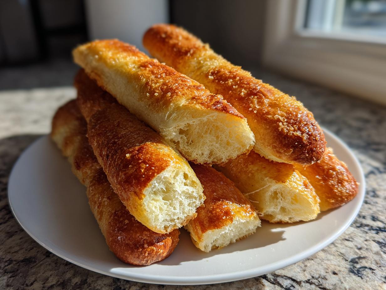 A stack of golden brown, fluffy homemade breadsticks topped with Parmesan cheese, ready to eat.