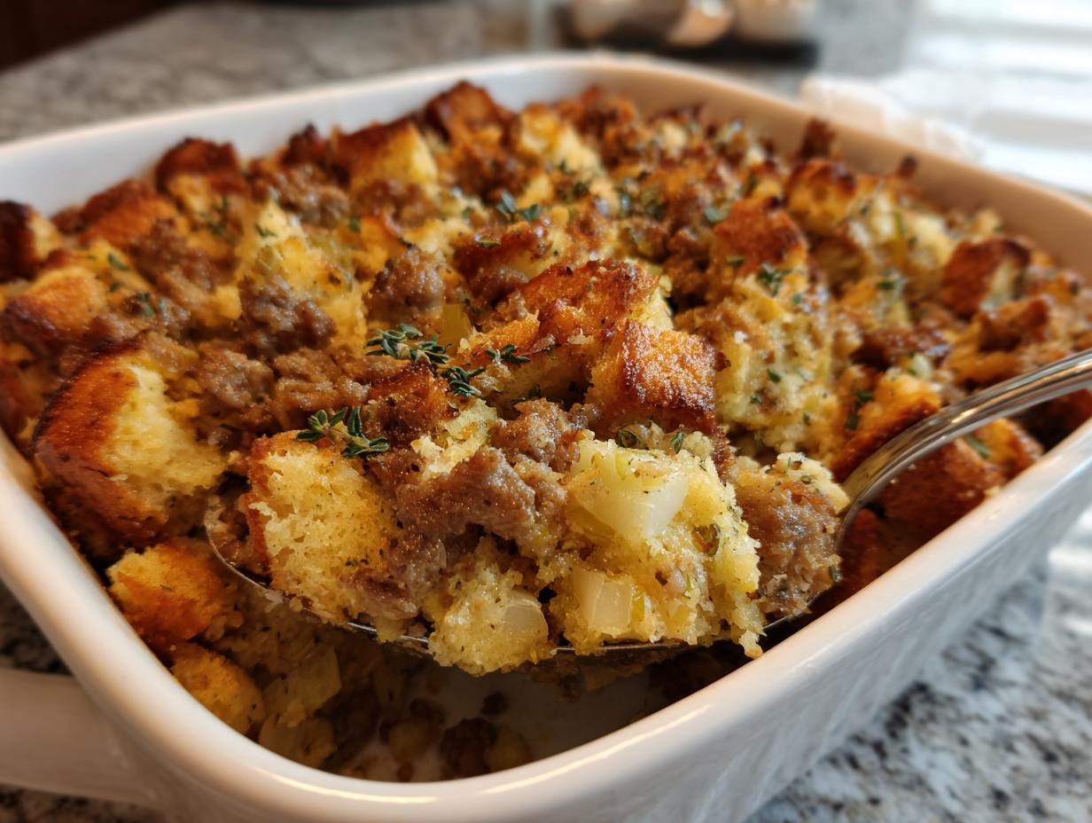 A spoonful of golden brown sausage stuffing is lifted from a white baking dish, showing crispy bread cubes and crumbled sausage.