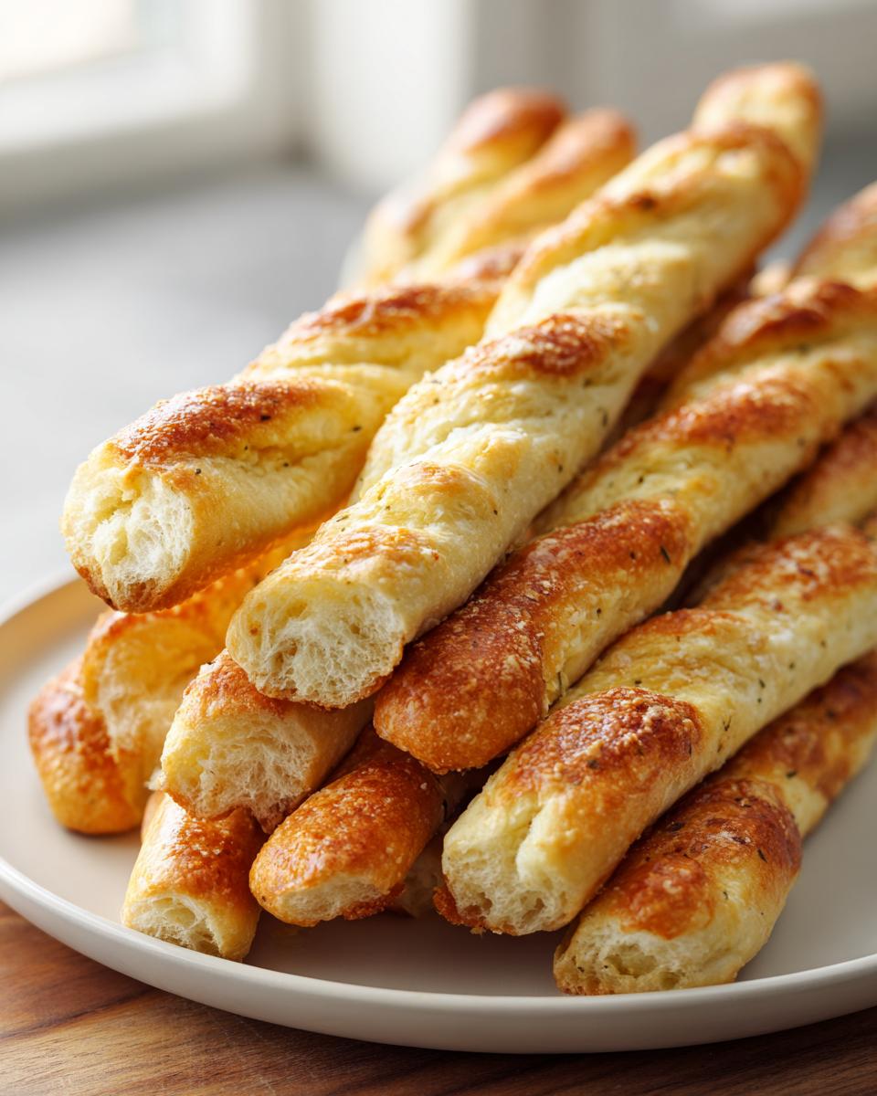 A close-up stack of golden, twisted breadsticks seasoned with herbs and cheese.