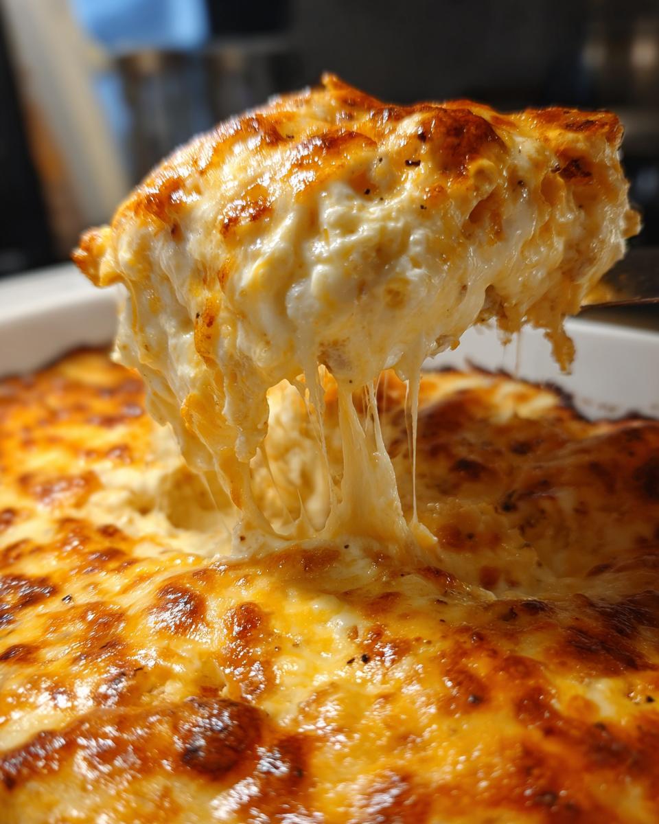 Close-up of a spoonful being lifted from a baked beer cheese dip, showing extreme cheese pull and a golden-brown top.