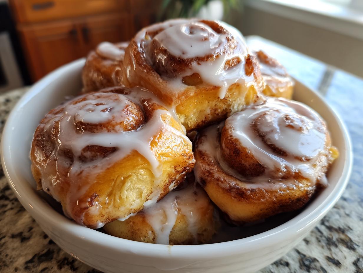 Close-up of several gooey cinnamon roll bites topped with white icing, piled high in a white bowl.