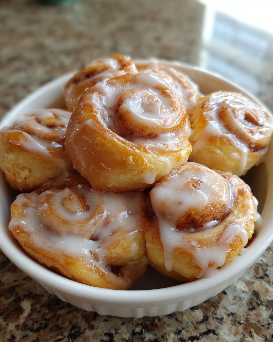 A close-up shot of several gooey cinnamon roll bites topped with white icing, served in a small white bowl.