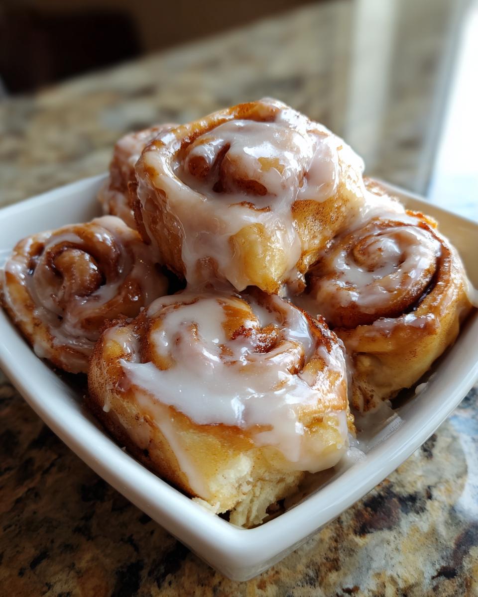 Close-up of several gooey cinnamon roll bites topped with thick white icing, served in a small white square bowl.