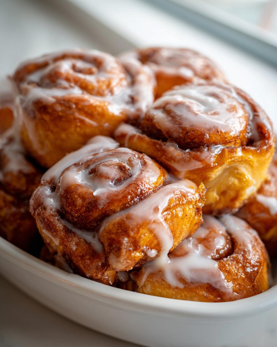 Close-up of several warm, gooey cinnamon roll bites topped with thick white icing, piled in a white bowl.