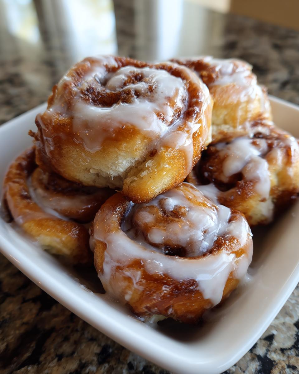 A small white bowl filled with several gooey cinnamon roll bites topped with thick white icing.