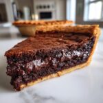 Close-up of a thick slice of fudge pie showing a gooey chocolate center and flaky crust.