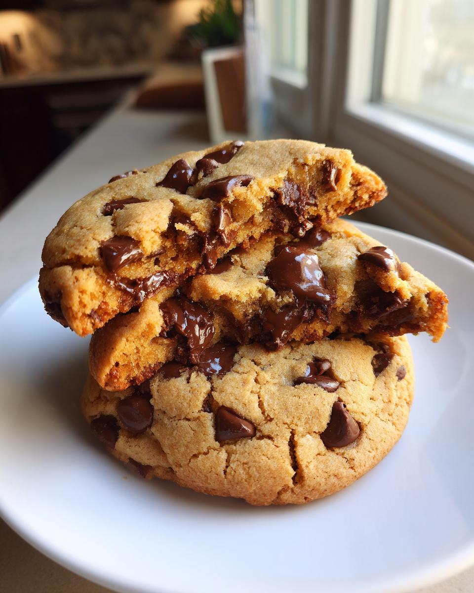 Two homemade chocolate chip cookies stacked, with the top one broken in half revealing melted chocolate chips.