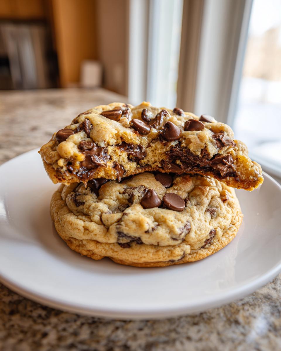Two thick homemade chocolate chip cookies stacked, one broken open showing gooey melted chocolate chips inside.