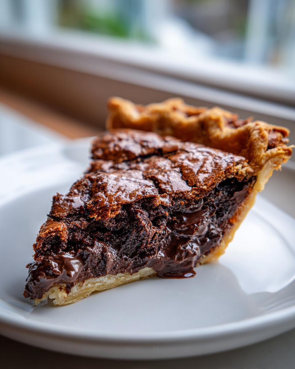 A close-up slice of rich hot fudge pie showing a gooey, melted chocolate center and flaky crust on a white plate.
