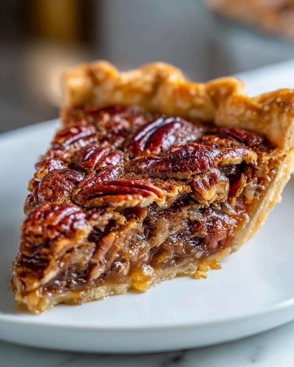 Close-up of a gooey slice of homemade pecan pie showing the caramelized filling and flaky crust.