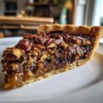 Close-up of a gooey slice of pecan pie showing the rich filling and whole pecans on top.