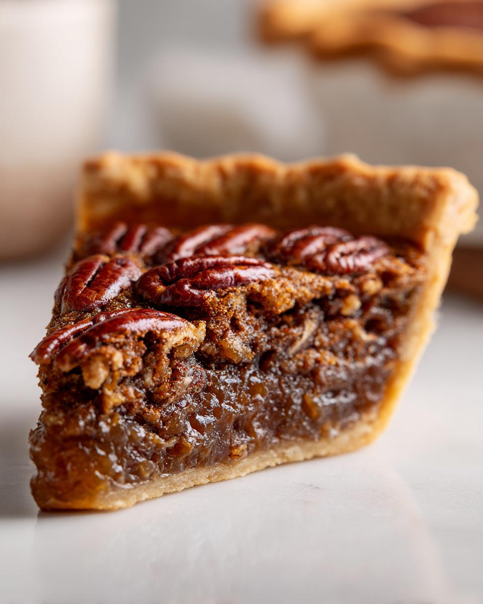 Close-up of a gooey slice of pecan pie showing the rich filling and toasted pecans on top.