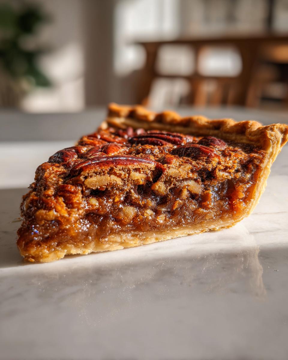 Close-up of a gooey slice of homemade pecan pie showing the rich filling and crust.