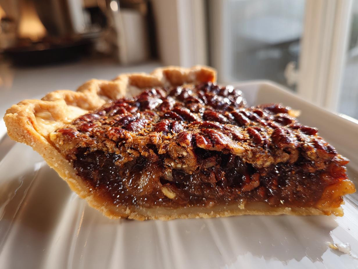 Close-up of a gooey slice of homemade pecan pie showing the rich filling and flaky crust.