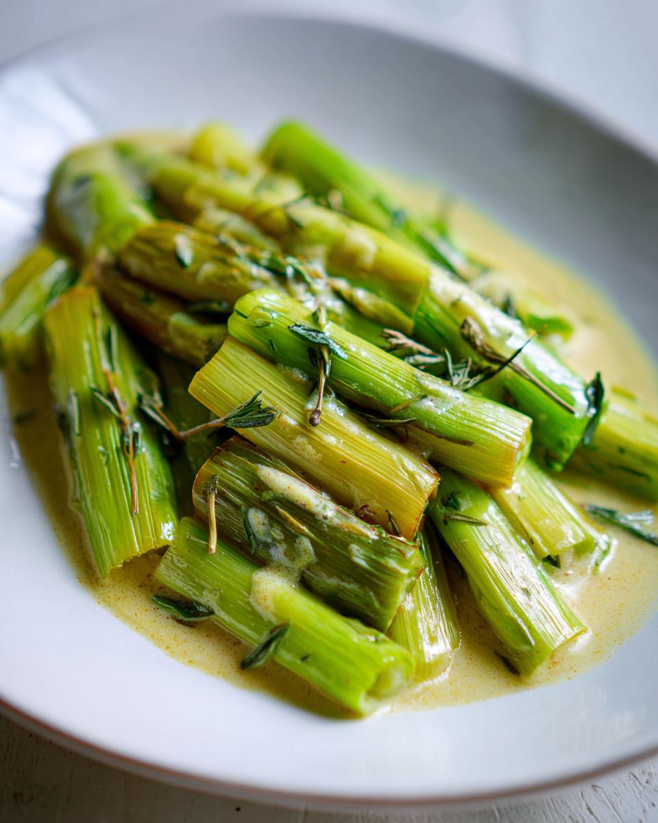 Close-up of tender, bright green braised leeks served in a light yellow creamy sauce and garnished with fresh thyme.
