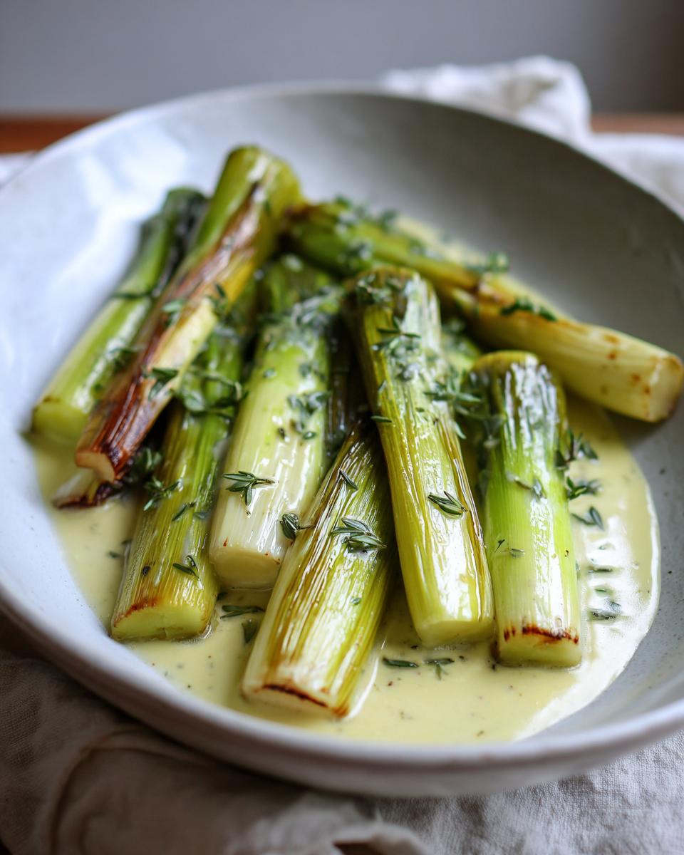 Close-up of tender braised leeks served in a light cream sauce and garnished with fresh thyme.