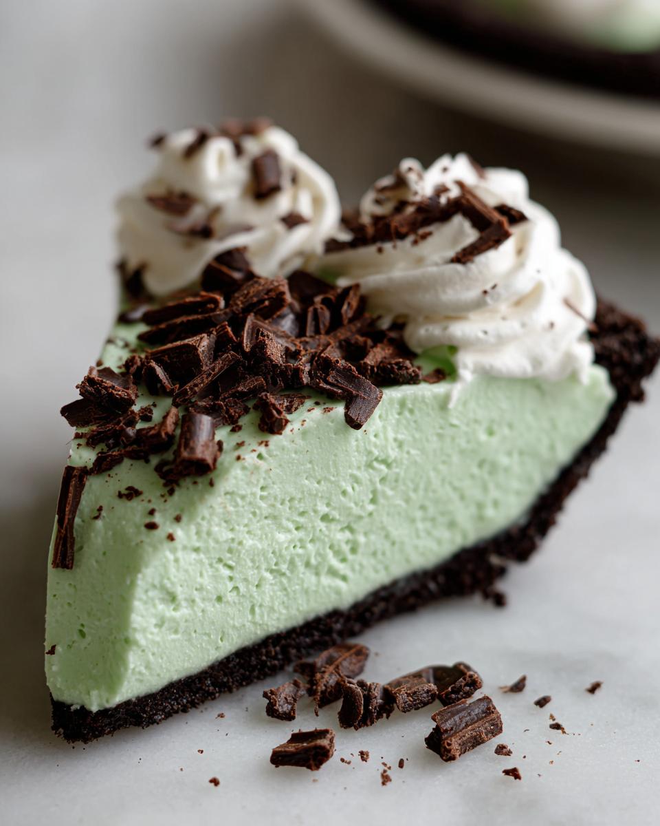 A close-up slice of bright green grasshopper pie with a dark chocolate crust, topped with whipped cream and chocolate shavings.
