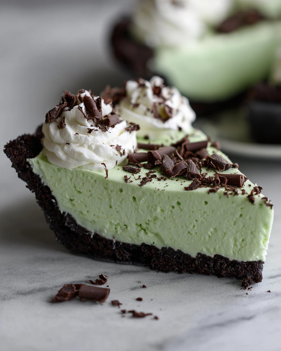 A close-up slice of light green grasshopper pie with a dark chocolate crust, topped with whipped cream and chocolate shavings.