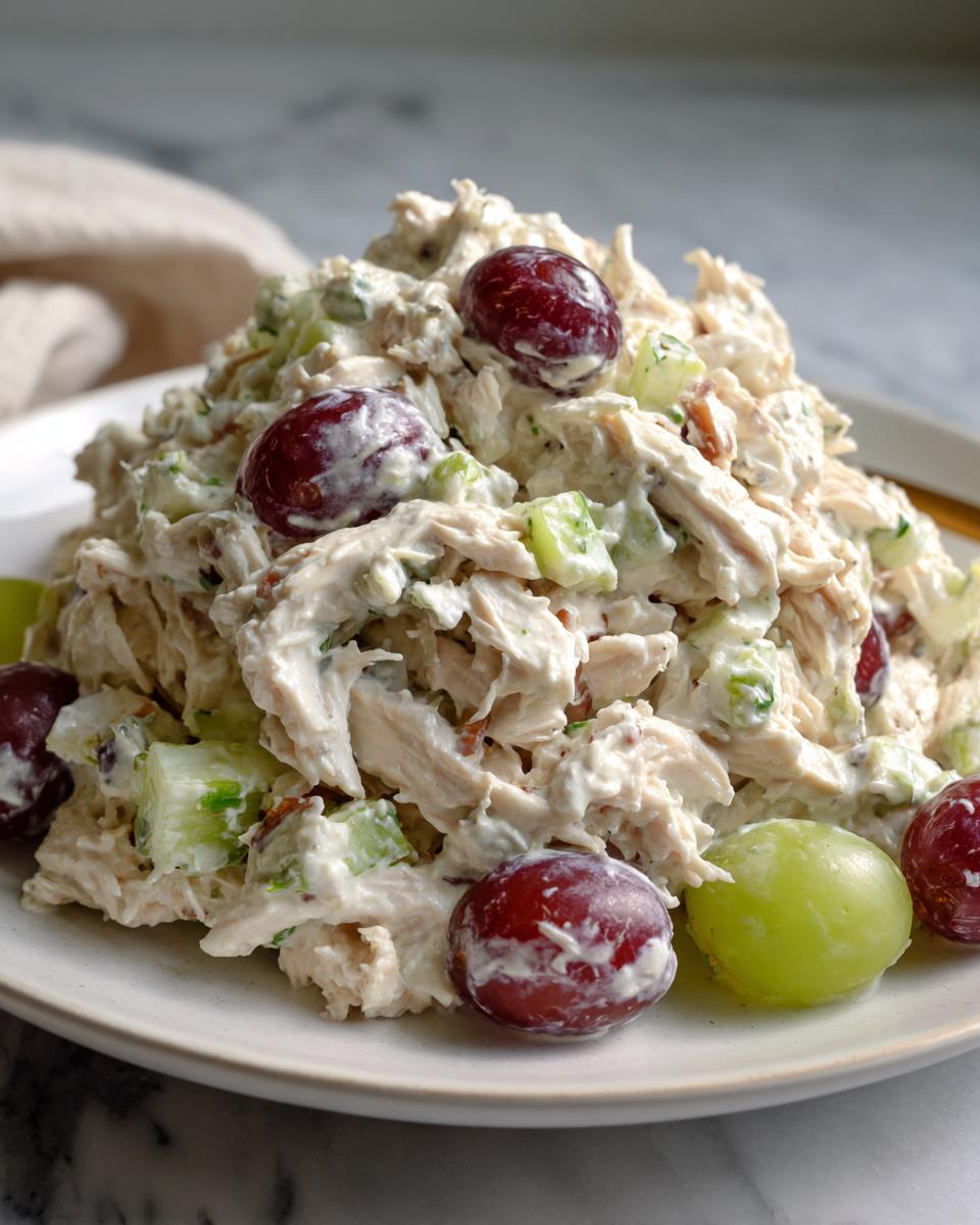 A mound of creamy greek yogurt chicken salad mixed with celery and topped with red and green grapes on a white plate.