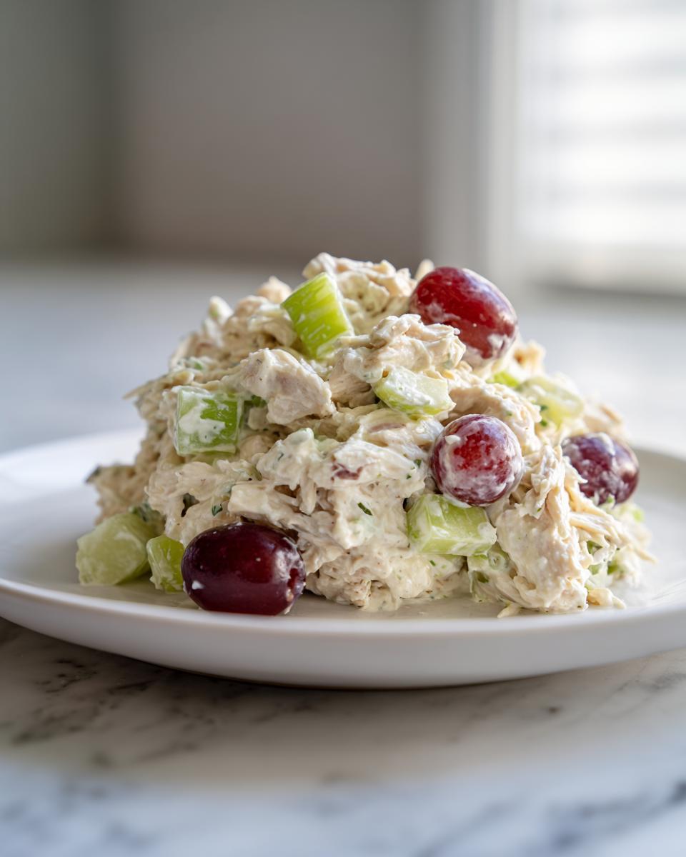 A mound of creamy greek yogurt chicken salad mixed with celery and topped with red grapes, served on a white plate.