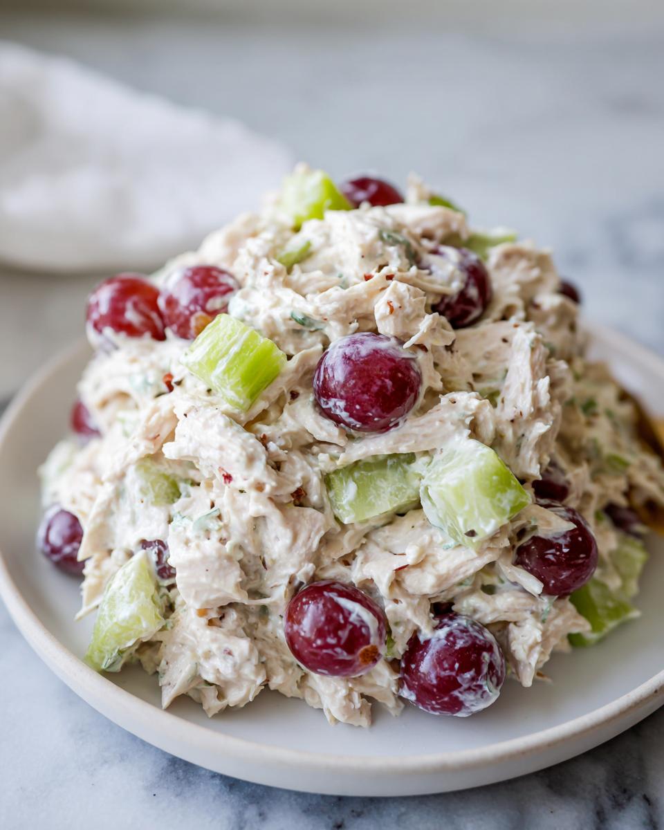 A mound of creamy greek yogurt chicken salad mixed with red grapes and celery pieces on a white plate.