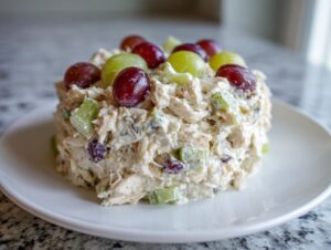 A perfectly molded serving of greek yogurt chicken salad topped with red and green grapes, celery, and dried cranberries.