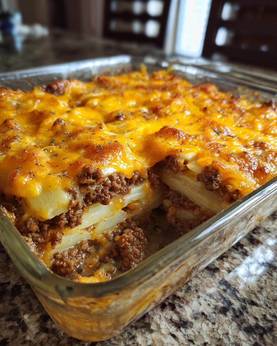 A close-up of a freshly baked hamburger potato casserole in a glass dish, showing layers of potatoes, ground beef, and melted cheddar cheese.