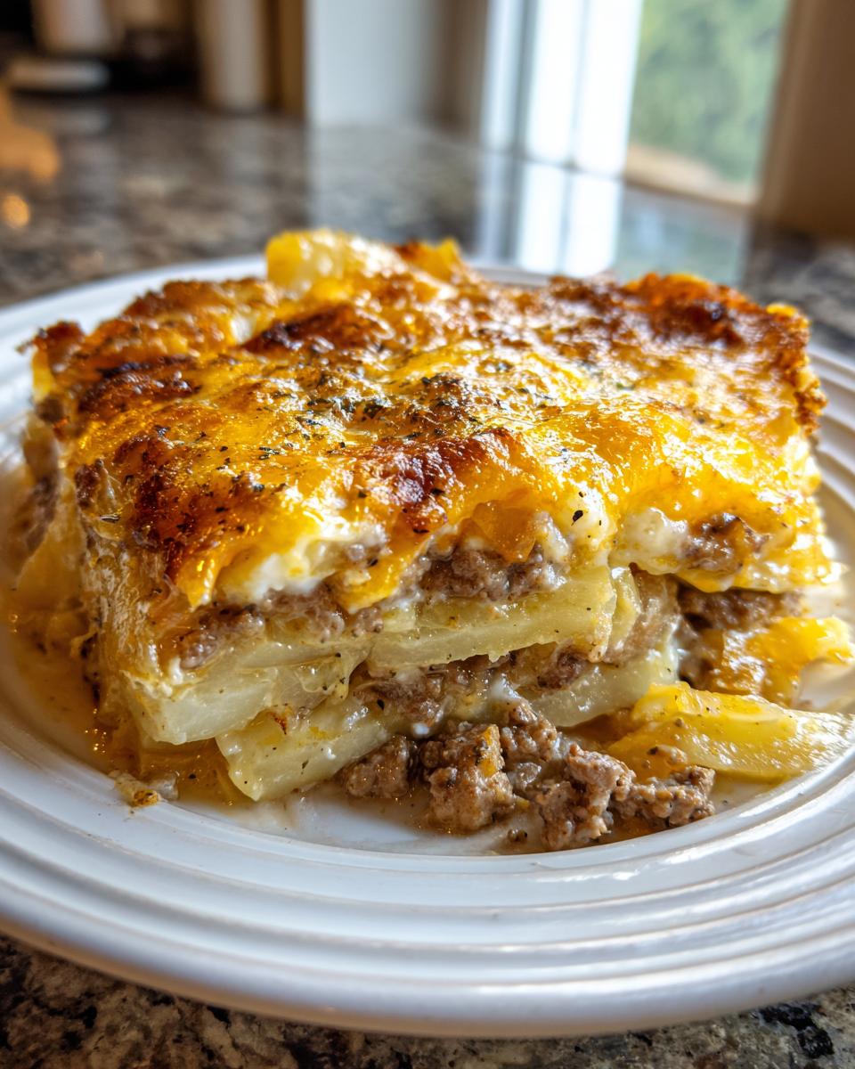 A hearty slice of hamburger potato casserole featuring layers of sliced potatoes, ground beef, and a bubbly, golden-brown cheese topping.