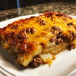A close-up of a hearty slice of hamburger potato casserole topped with melted, browned cheddar cheese.