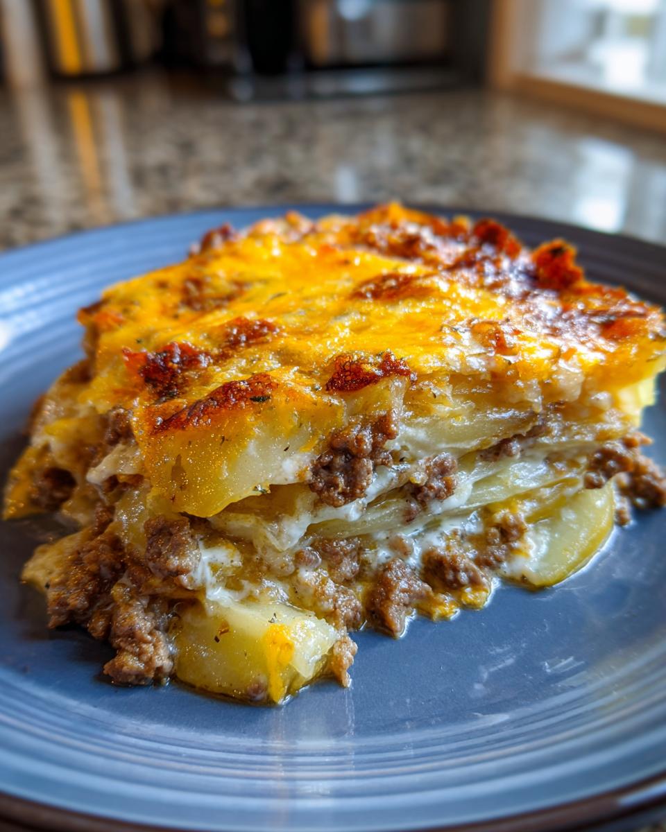 A thick slice of layered hamburger potato casserole topped with melted, browned cheddar cheese, served on a blue plate.