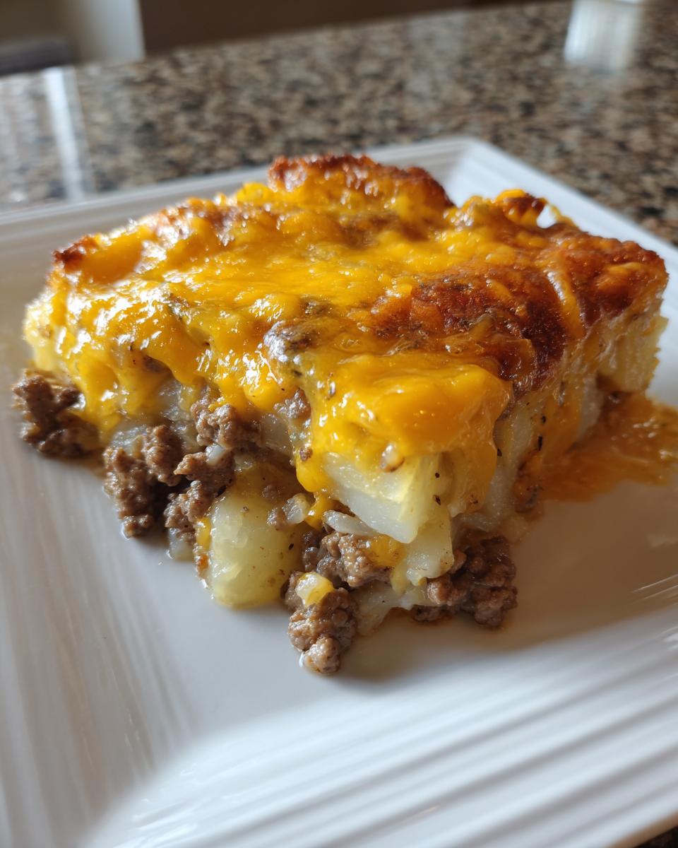 A close-up serving of hamburger potato casserole topped generously with melted, golden cheddar cheese.