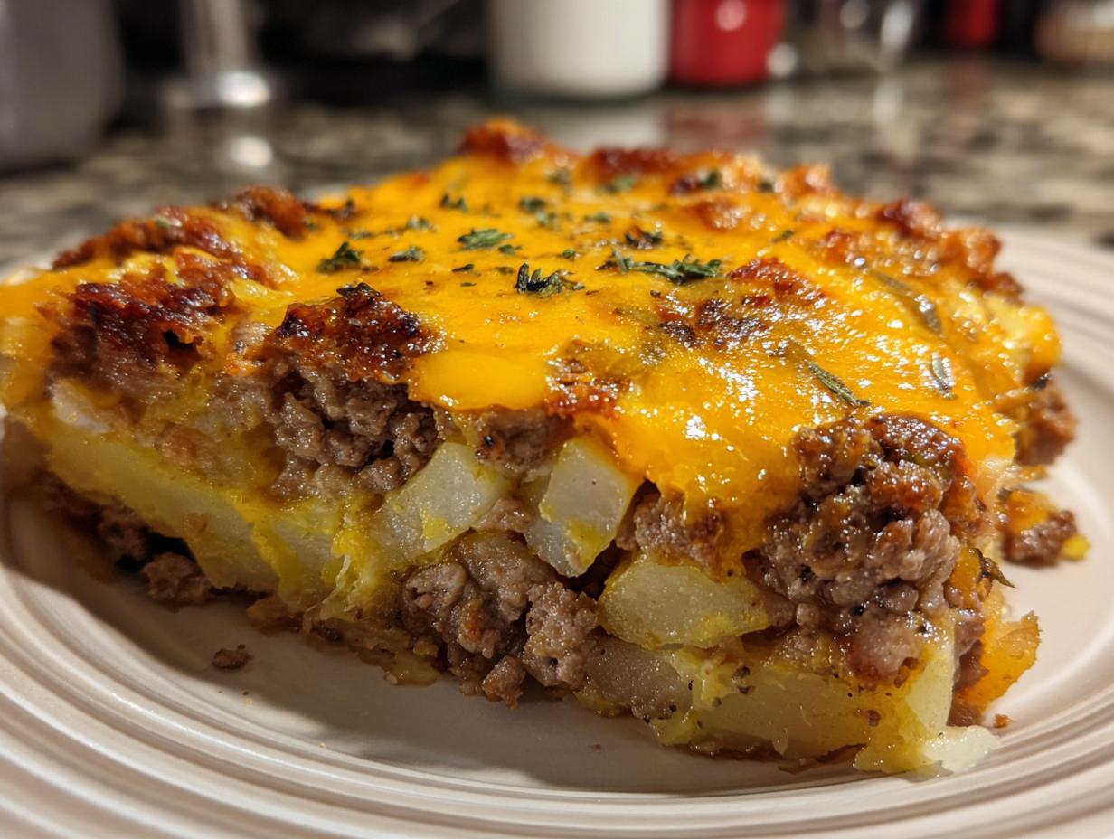 Close-up of a hearty slice of hamburger potato casserole featuring layers of ground beef, potatoes, and melted cheddar cheese.
