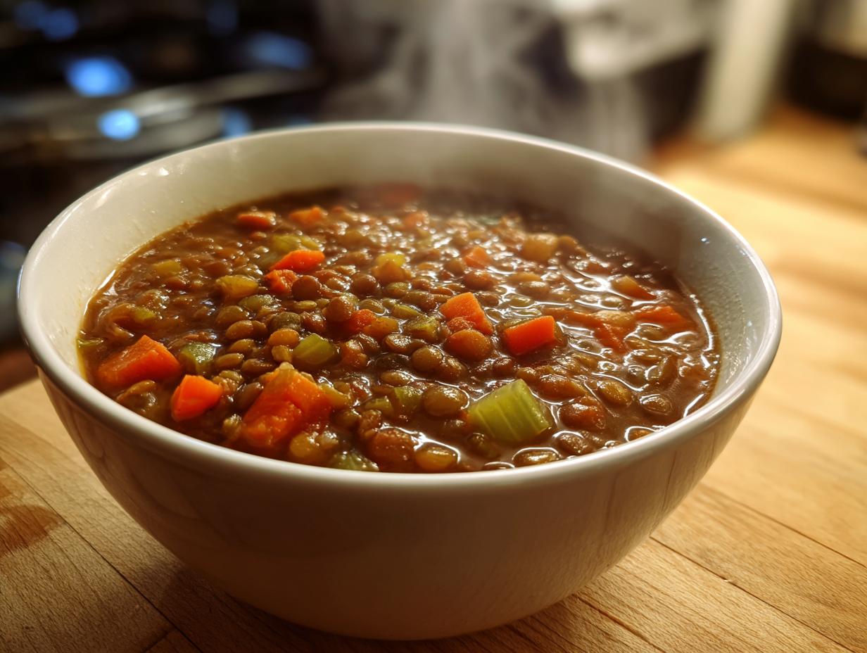 Close-up of a steaming white bowl filled with hearty lentil soup, featuring visible carrots and celery.