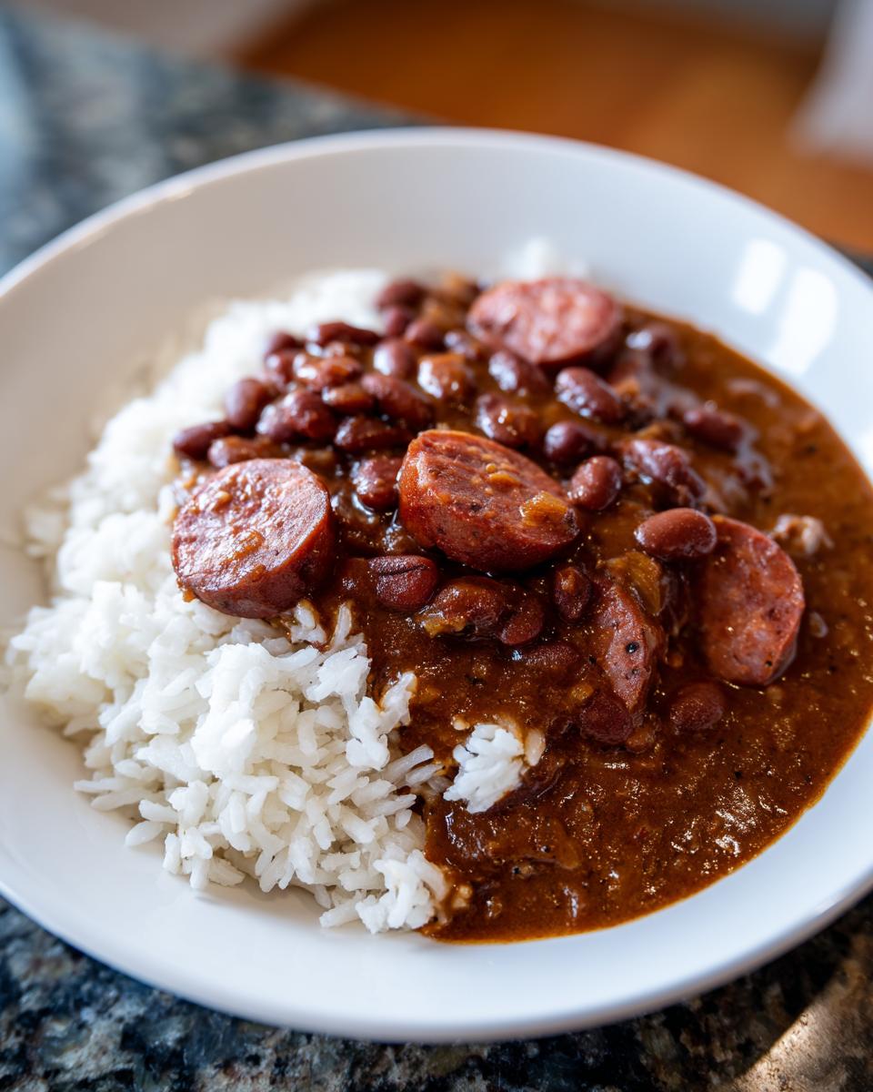 Close-up of a white bowl filled with fluffy white rice topped with rich, dark red beans and slices of smoked sausage, classic beans and rice.